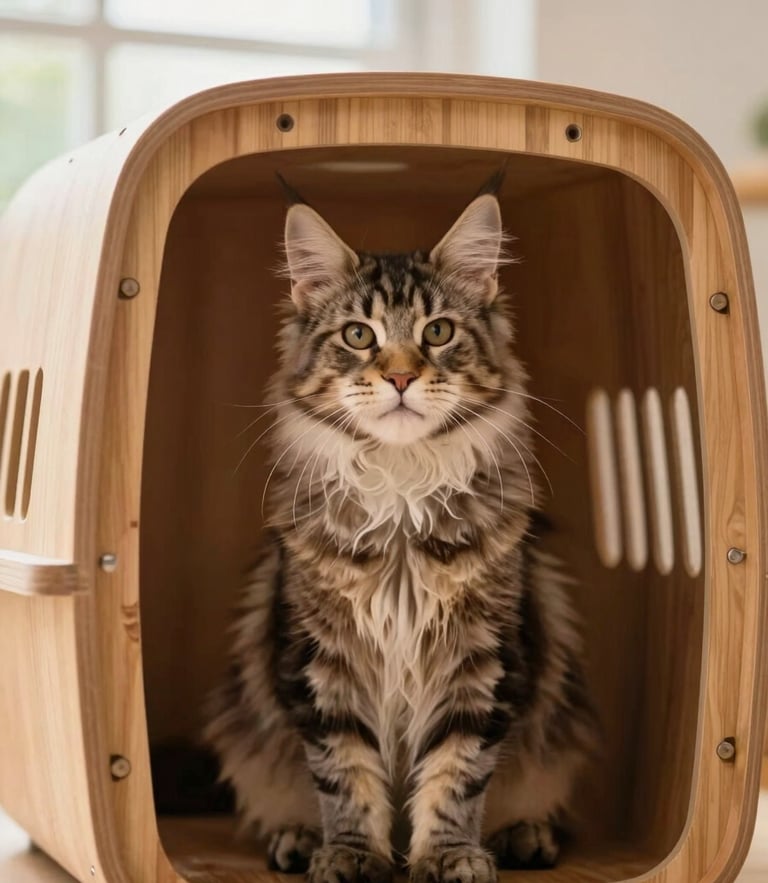 A gorgeous fluffy Maine Coon kitten sitting comfortably inside a custom warm wooden pet carrier, soft natural window light, 85mm lens