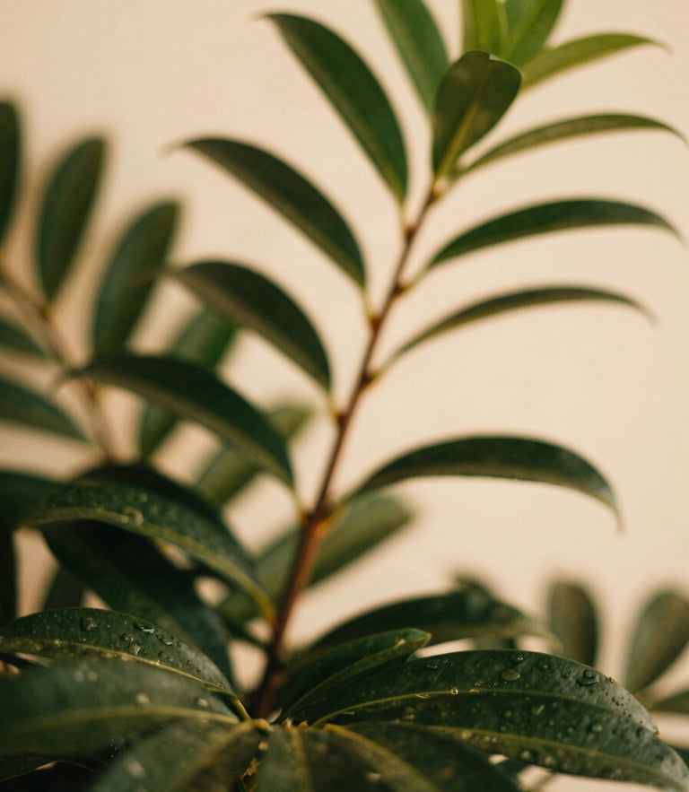 Close-up of elegant green botanical foliage, soft golden-hour sunlight filtering through leaves, warm cream background, shallow depth of field, editorial photography