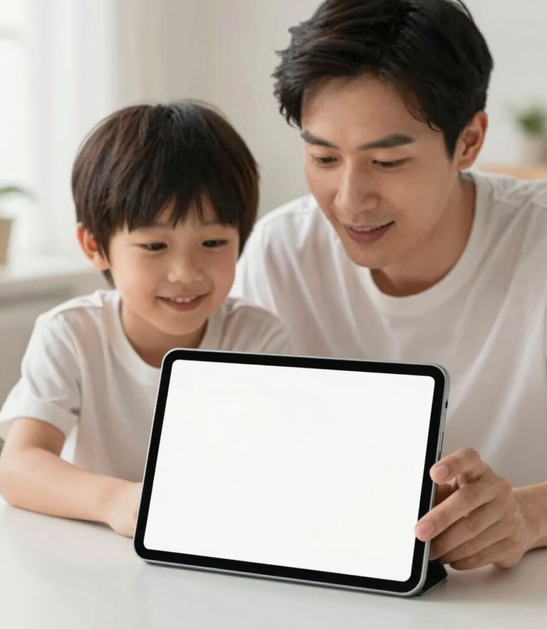 Bright modern technology photography of a parent and child looking at a clean tablet screen together, soft natural daylight, soft neutral background