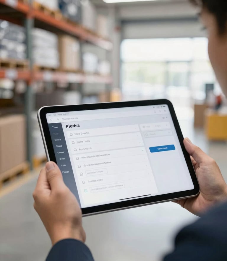 Close-up of a clean dashboard interface on a tablet screen held by a merchant in a bright, well-lit modern warehouse, high-key natural daylight, professional and operational focus.
