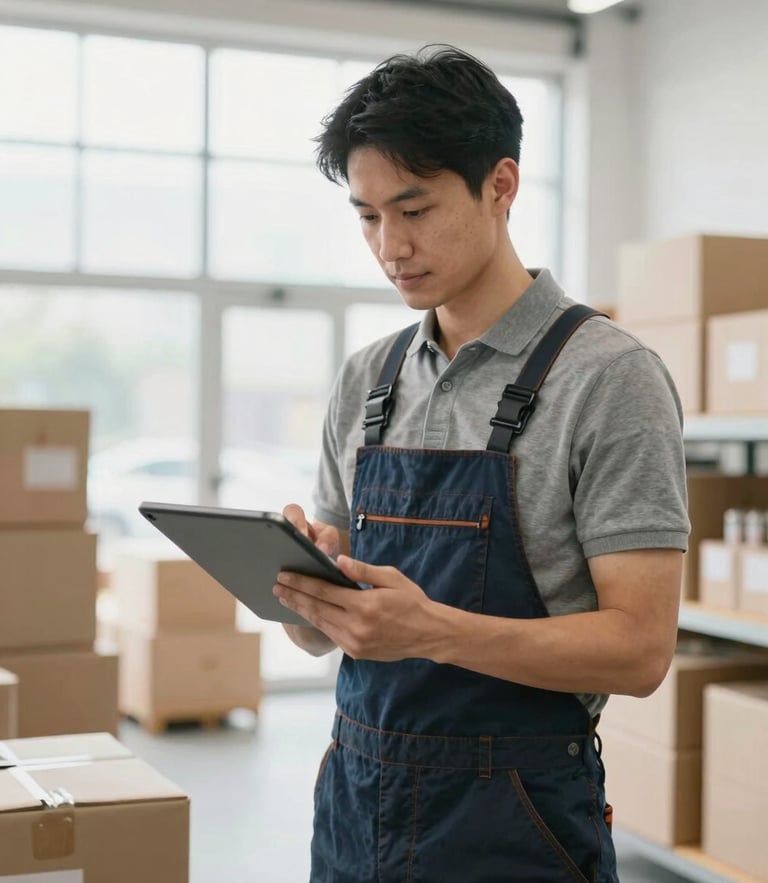 A local business owner in a bright, modern warehouse updating inventory on a tablet, natural high-key daylight, clean background