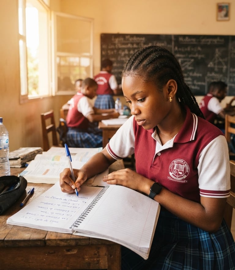 Focused secondary school student writing in a notebook, classroom setting in Abidjan, soft morning light streaming through windows, warm golden tones, sharp focus.