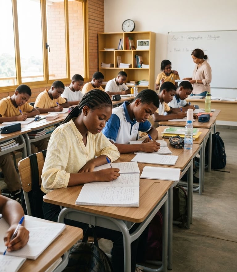 Environmental shot of a modern clean classroom in Abidjan, focused students writing in notebooks under bright natural window light, warm golden accents, sharp focus.