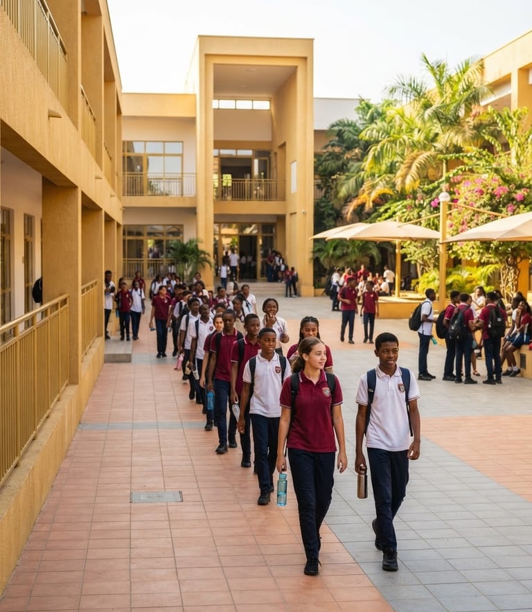 Bright natural daylight photo of the clean modern school courtyard of Saint Marc in Abidjan, students walking orderly, warm golden accents