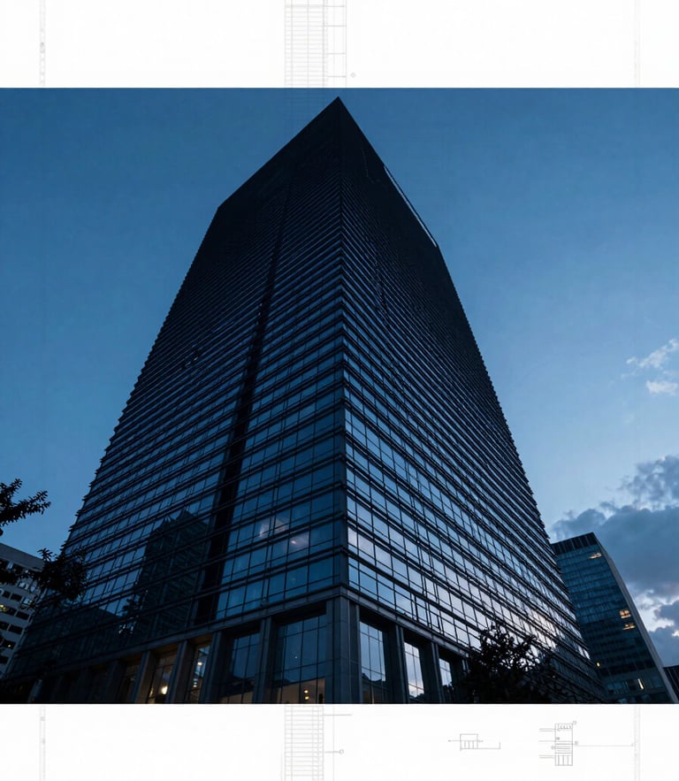 Sleek corporate architectural blueprint overlay, cool low-key lighting, deep blue tones, wide-angle architectural lens