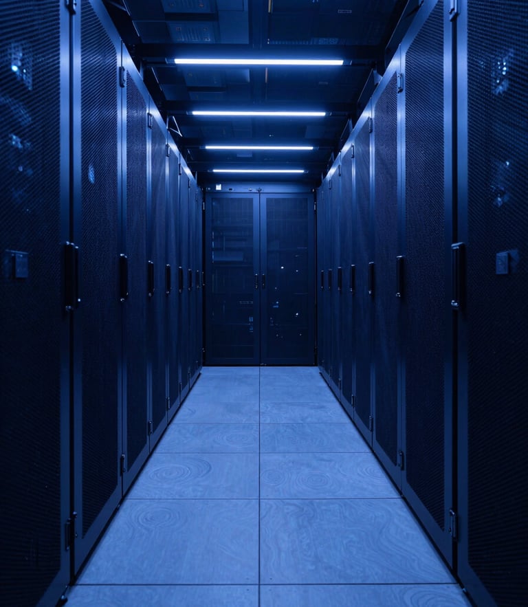Symmetrical low-key wide shot of a modern server aisle corridor with electric blue LED lighting, deep navy tones, sleek architectural photography.