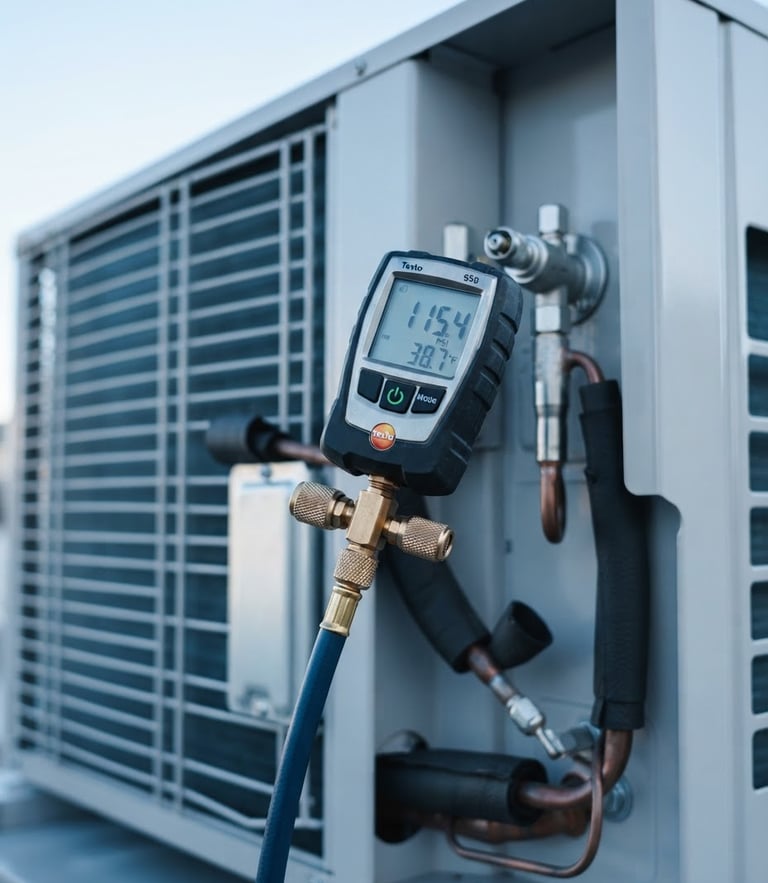 Plan de detalle de un manómetro digital de precisión conectado a una unidad de aire acondicionado impecable, luz de día clara y fría, tonos azul pizarra, enfoque nítido, fotografía técnica profesional