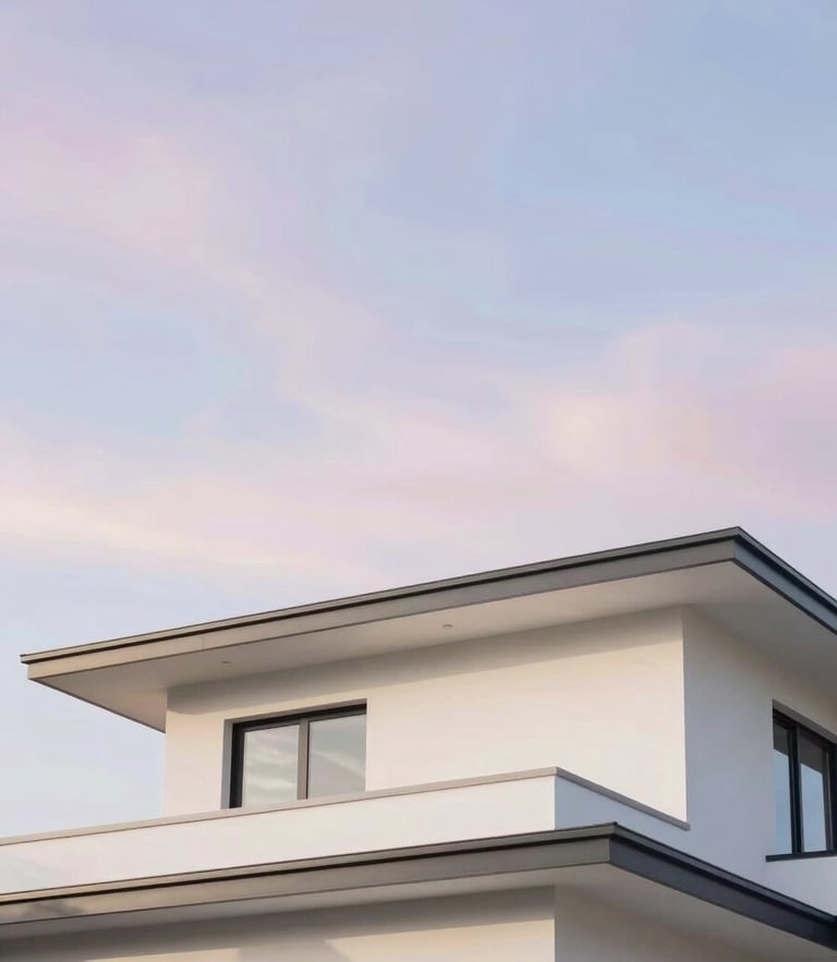 Bright architectural photo of a clean modern home roofline under a pastel sky, soft natural daylight, 35mm