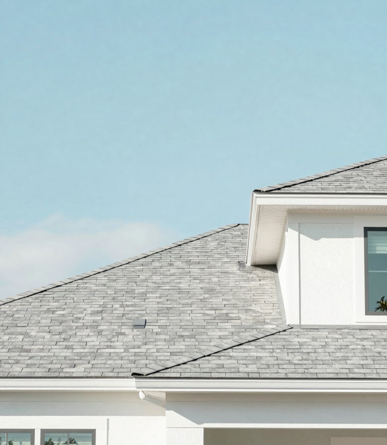 Bright architectural shot of a modern residential home in Pensacola with a pristine new shingle roof, soft pastel blue sky, daylight, 35mm