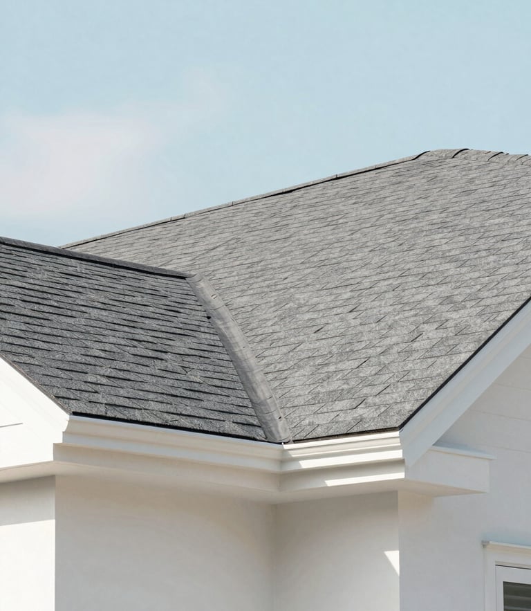 Bright architectural close-up of clean modern residential roof shingles under a soft pastel blue sky, soft natural daylight, 35mm