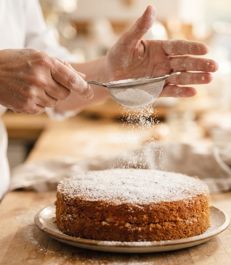 Extreme close-up of a baker's hands dusting powdered sugar over a fresh cake, soft morning light, warm cream tones, shallow depth of field.