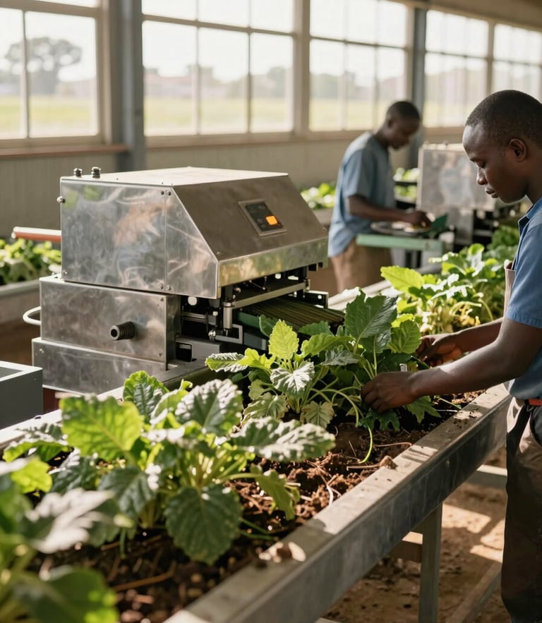A professional documentary photograph of a modern agricultural packing facility in Africa, bright natural sunlight streaming through high windows, focused on clean stainless steel machinery and active sorting lines.