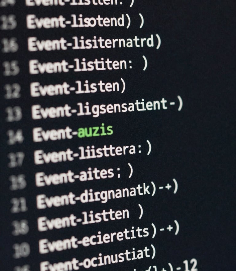 Close-up macro crop of clean, structured configuration code on a dark screen, showing local event listener registrations, crisp orthographic framing