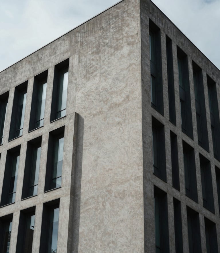 Abstract geometric shadows on a modern concrete and steel corporate building facade, cool overcast light, architectural angle.