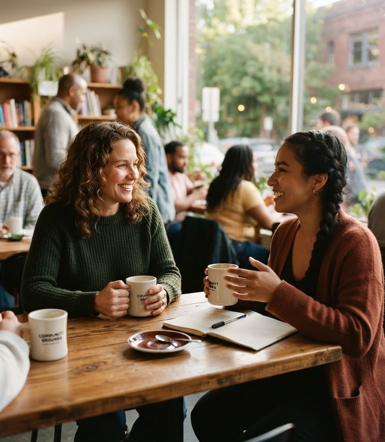 A candid medium shot of a mentor and participant talking warmly over coffee in a sunlit Seattle community center, natural golden-hour daylight, soft organic tones, shallow depth of field, 35mm