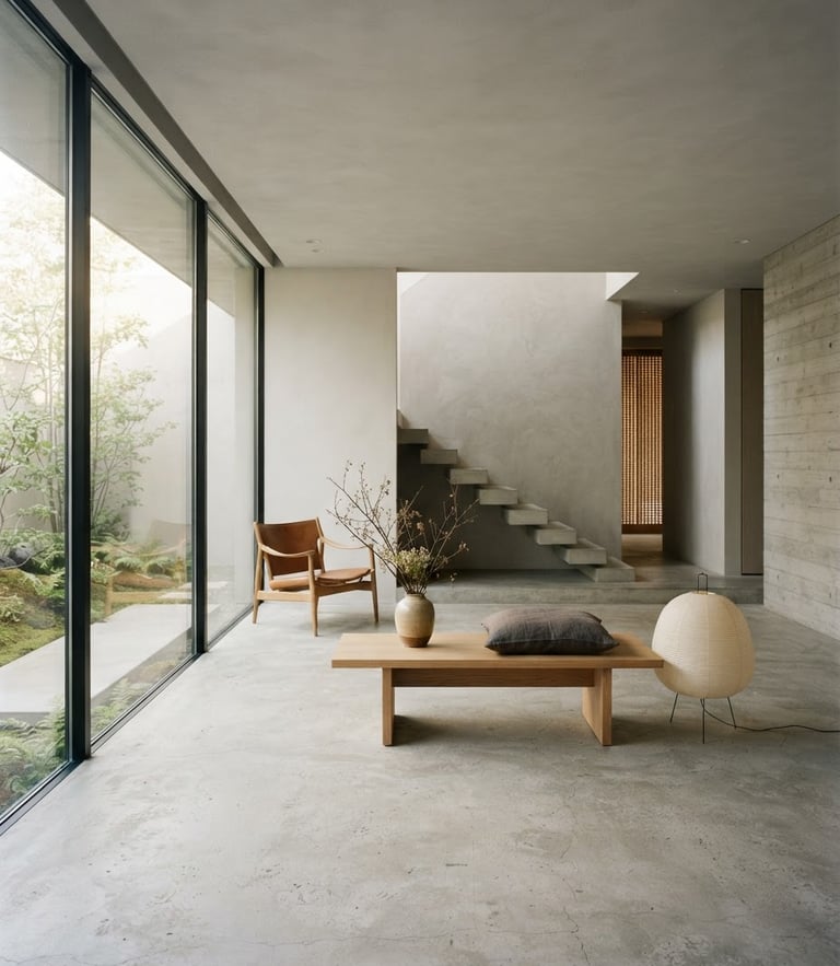 Wide environmental shot of a sunlit minimalist room, raw concrete floor, diffused natural light, soft shadows, architectural editorial style, 35mm lens