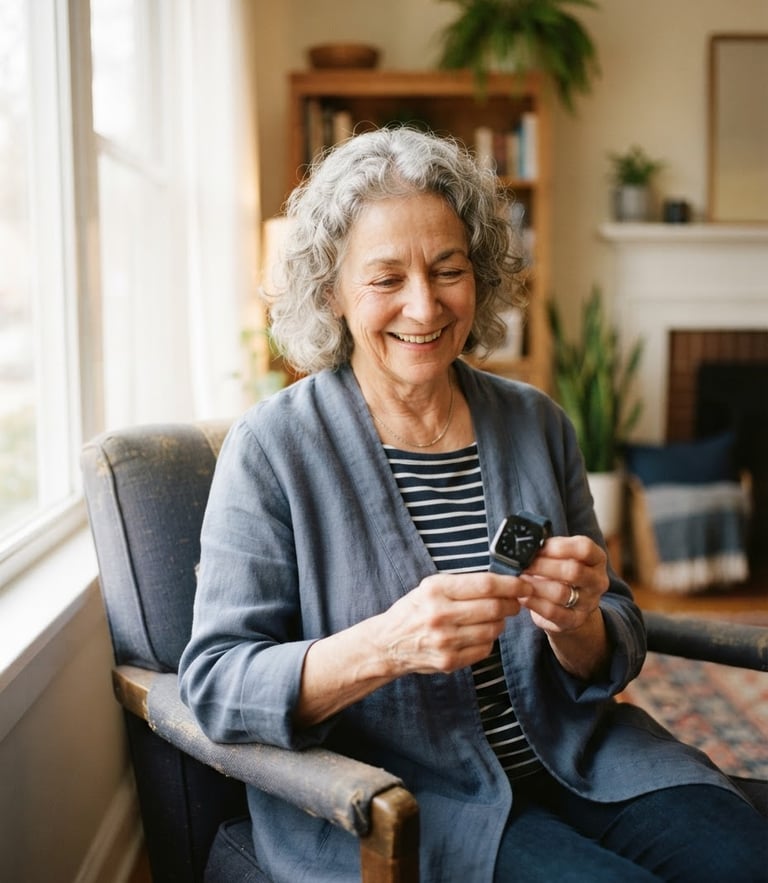 A warm environmental portrait of an active older adult sitting in a sunlit living room, holding a modern, discreet smart watch, soft natural window light, shallow depth of field