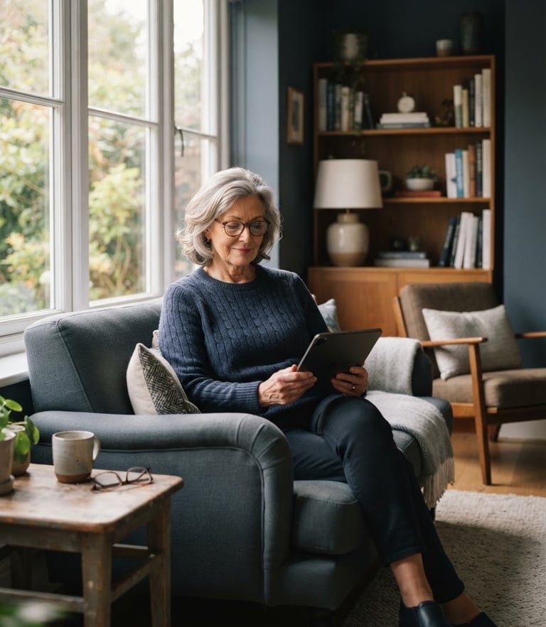 Warm editorial photography of a beautifully lit modern living room with soft window light, an older adult comfortably reading on a tablet, peaceful atmosphere.