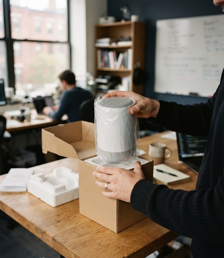 Warm editorial photography of a modern, sunlit Boston research office, natural oak tables, a smart home device being unboxed, shallow depth of field