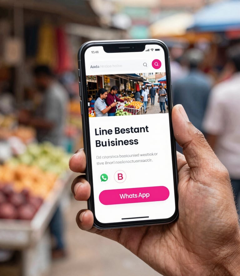 A close-up of hands holding a smartphone in a bright local Indian market, displaying a live business website with a bold pink WhatsApp contact button.
