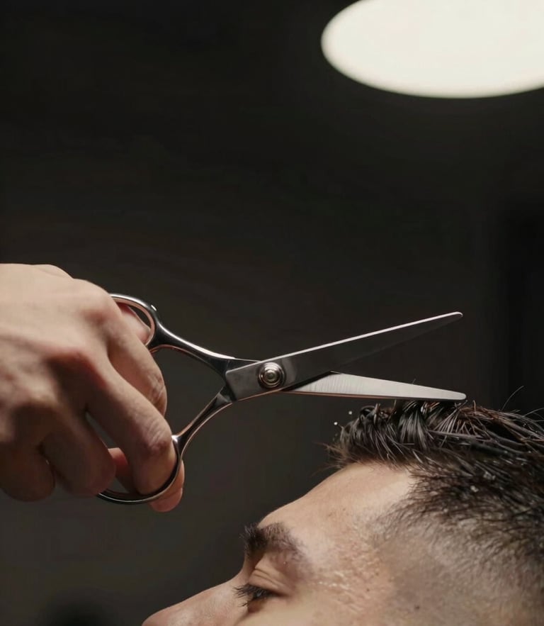 Tight macro shot of a master barber's hands using polished steel shears on a clean skin fade, low-key dramatic spotlighting, dark charcoal background, shallow depth of field, 85mm lens