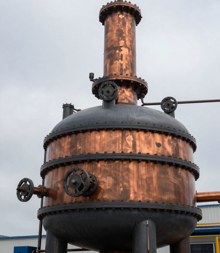 Industrial documentary photography of an advanced thermochemical pyrolysis reactor vessel, high-contrast overcast daylight, deep slate and rich copper tones, sharp focus.