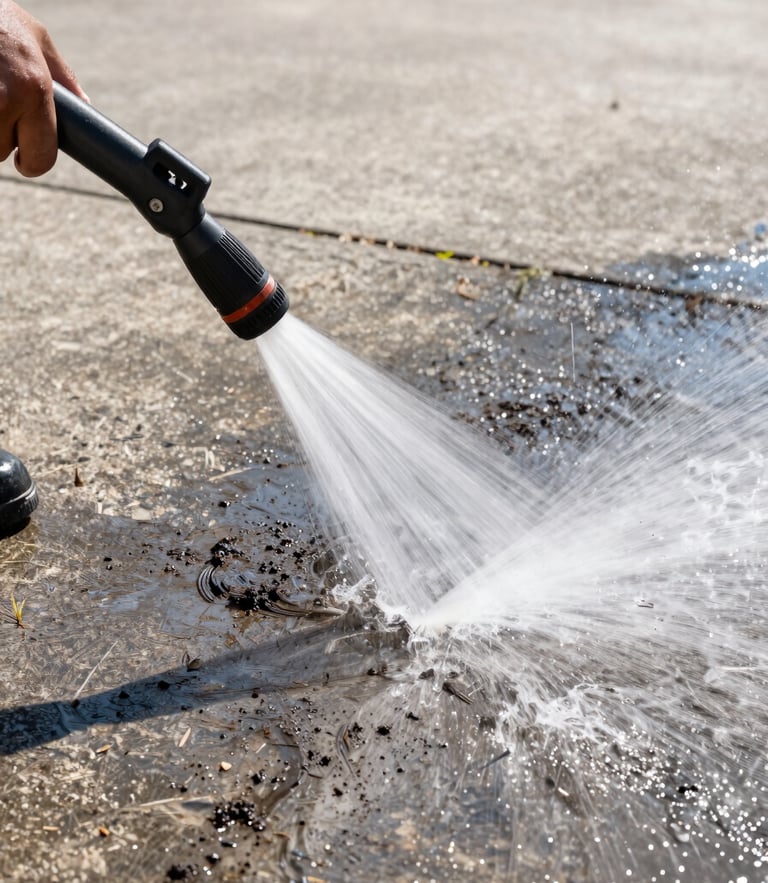 Action close-up of a high-pressure water nozzle blasting dark grime off a concrete driveway, bright direct midday sunlight, sharp water droplets, high-contrast.