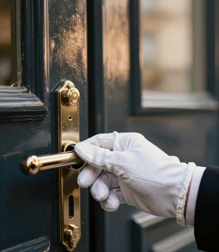Close-up of a hand in a white glove opening a dark lacquered Parisian door, soft golden reflections, shallow depth of field, 35mm