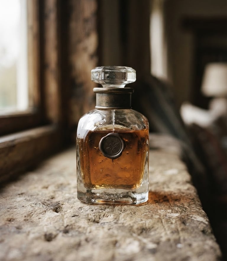 A close-up of a heavy glass fragrance bottle on a textured stone surface, soft natural window light, muted tobacco tones, shallow depth of field, 35mm
