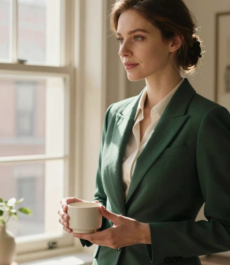 Elegant portrait of a sophisticated professional in a warm, sunlit Dupont Circle apartment, holding a minimalist ceramic container, soft natural window light, shallow depth of field.