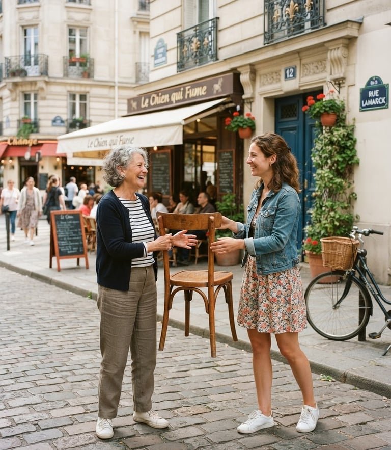 A friendly local handover of a wooden chair between two neighbors on a sunny Parisian street, authentic lifestyle photography, soft natural daylight, warm organic tones, clean composition, 35mm film look