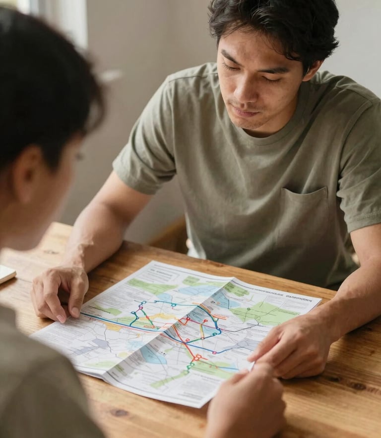 A supportive guide sitting with an NDIS participant at a wooden table, looking over a local transit map in warm daylight, 35mm