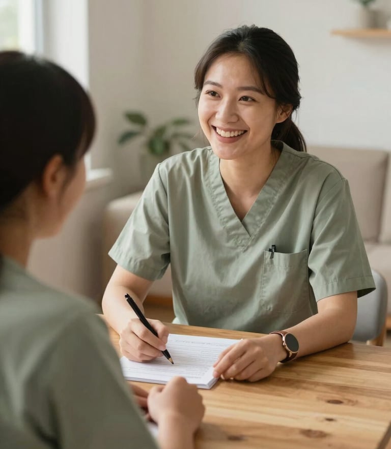 A warm, natural-light photo of a support worker smiling and discussing a plan with an NDIS participant at a wooden table, soft sage accents in the room, 35mm editorial style.