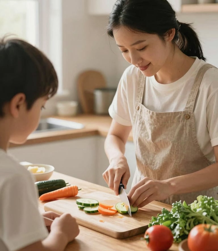 Warm environmental photo of a support worker and a participant cooking together in a sunlit kitchen, slicing fresh vegetables on a wooden counter, soft natural daylight, 35mm