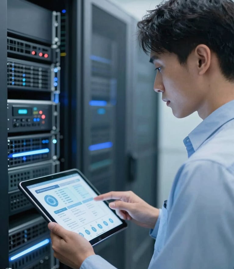 A medium close-up of a technical professional in a cool blue-lit server room, looking at a tablet interface, corporate technology photography, 35mm