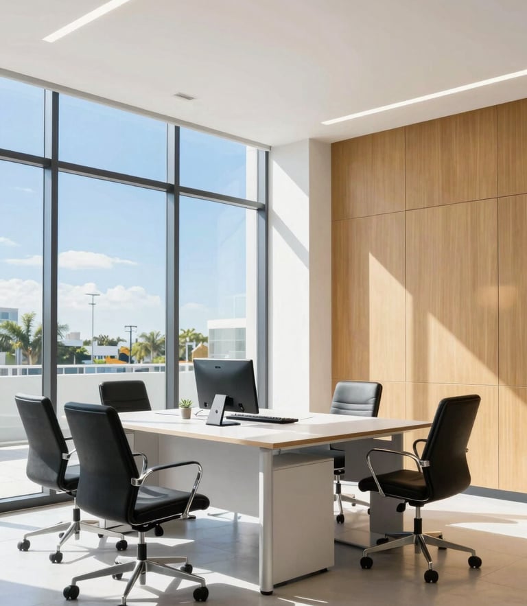 Bright sunlit modern corporate office interior in Florida, clean lines, high-key natural daylight, professional environment