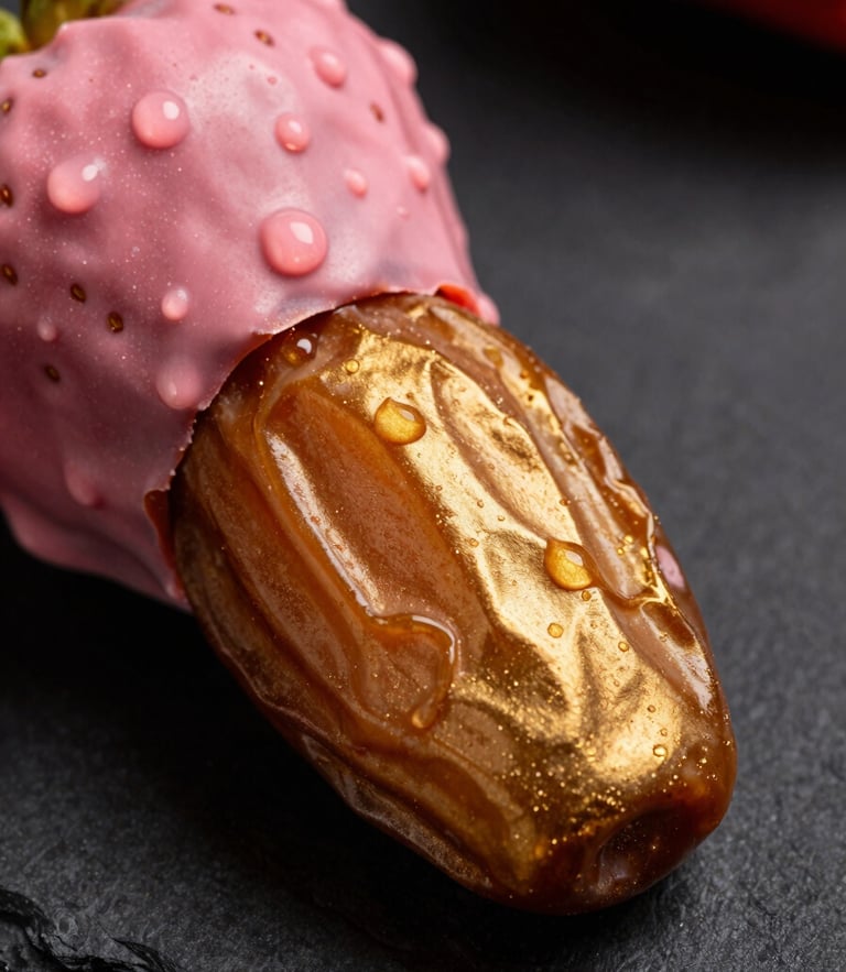 Ultra-high-detail macro of a fresh royal date half-dipped in shimmering gold chocolate and a fresh strawberry coated in ruby pink chocolate, glistening drops, dark slate background, dramatic lighting