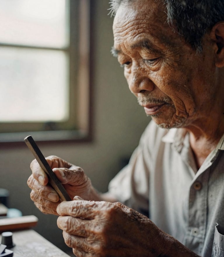 Intimate close-up portrait of an elderly Malaysian craftsman in his workshop, warm ambient window light, weathered hands holding a wooden tool, documentary film photography, 35mm