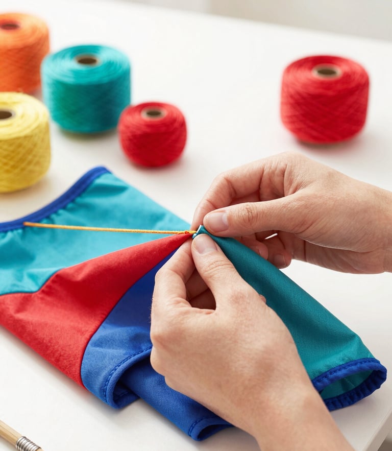 Manos artesanas cosiendo con cuidado una colorida prenda para mascotas en un taller luminoso y alegre con hilos de colores