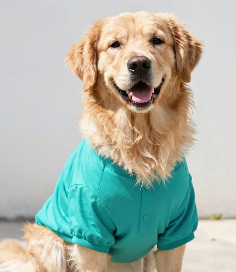 A happy fluffy golden retriever wearing a vibrant teal handmade dog shirt, sitting proudly outdoors in bright natural daylight, eye-level shot