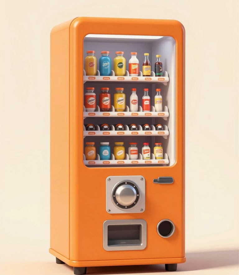 Stylized 2D vector illustration of a vintage orange capsule toy vending machine, clean geometric shapes, solid cream background, retro-modern aesthetic, high contrast.