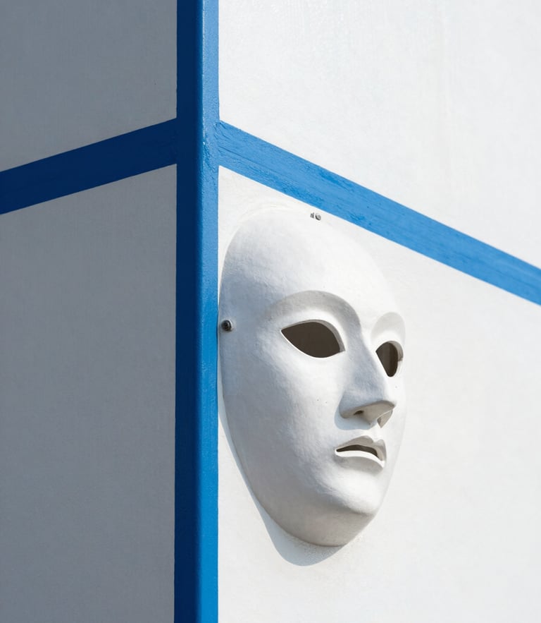 Sharp architectural close-up of a perfectly masked industrial wall edge, crisp blue paint line against white concrete, bright clean daylight, 35mm lens