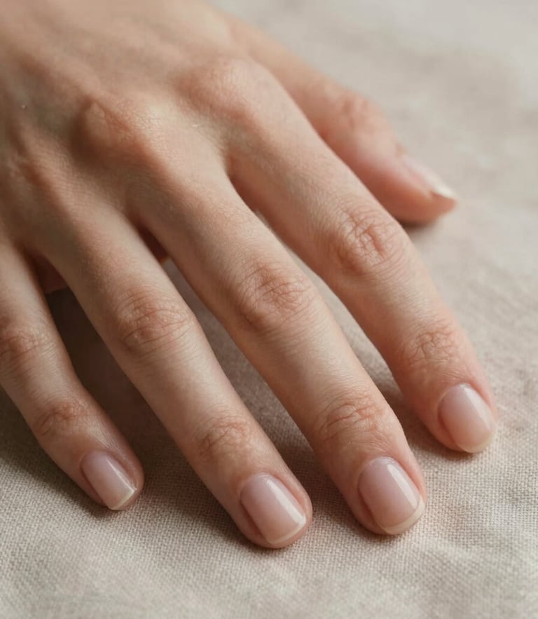 Macro close-up of hands gently resting on soft linen, showing immaculate, healthy natural nails with clean cuticles, soft diffused daylight, warm nude tones.