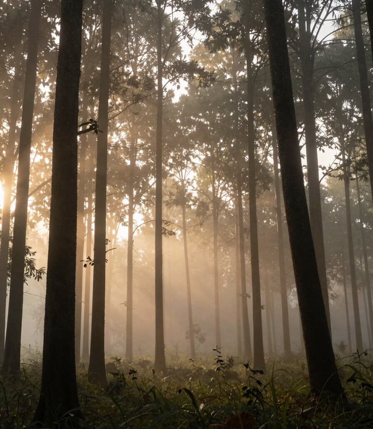 Misty morning light filtering through tall sandalwood trees on the edge of a dense forest, soft golden hour lighting, cinematic composition.