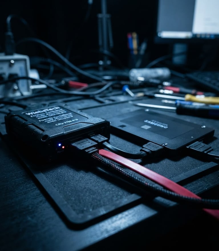 Macro close-up of a hardware write-blocker connected to a solid-state drive, cool blue key light, high-contrast dark laboratory background, sharp focus on cables, 35mm