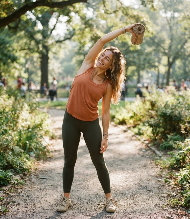 Candid lifestyle portrait of a smiling woman stretching outdoors in a sunlit public park, soft morning light, warm organic tones, 35mm film look