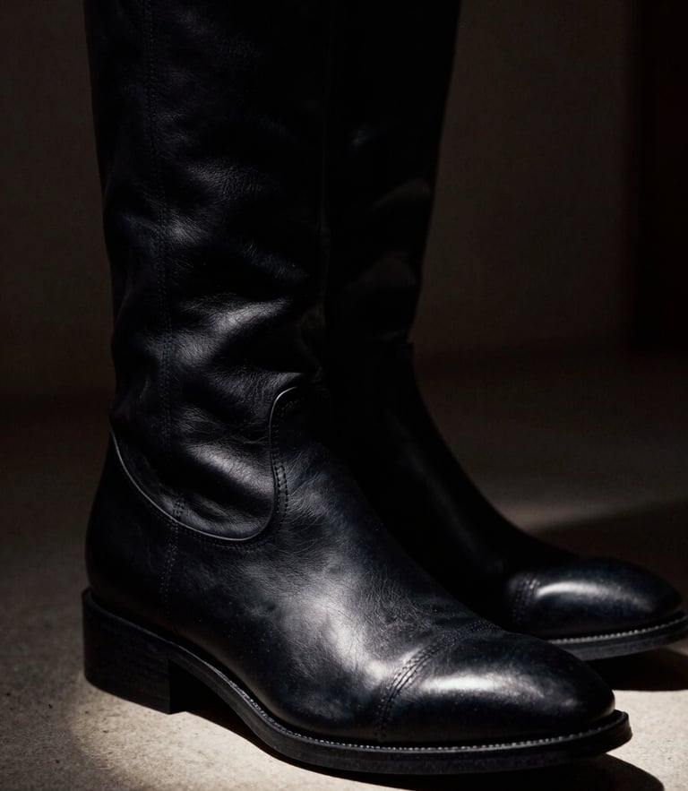 Low-angle dramatic editorial fashion photography of a sharp black leather boot silhouette, high-contrast chiaroscuro lighting, deep shadows, 35mm film