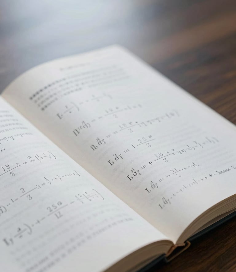 Close-up of an open academic textbook on a dark wooden desk, soft library light, focus on mathematical equations, 35mm