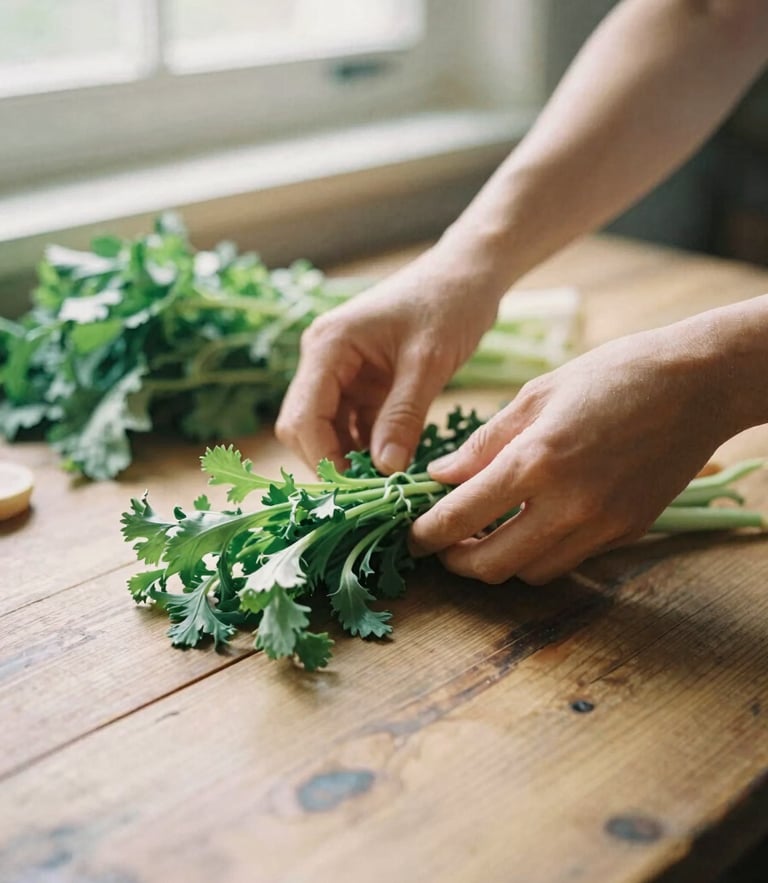 Warm natural light on hands arranging fresh vegetables on a rustic wooden table, soft window shadows, 35mm film.