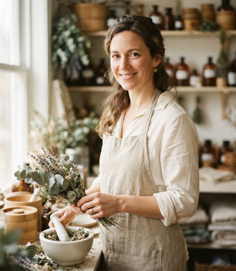 Warm editorial photography, a serene female practitioner in a linen apron smiling softly, soft diffused natural light, muted eucalyptus tones, shallow depth of field, 35mm, portrait framing